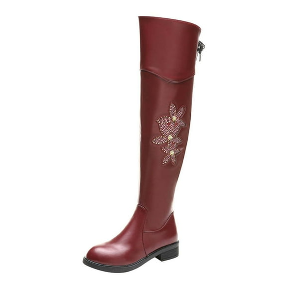 jsaierl Over-the-knee Boots Women's Flat Bottom Low-heel Round Toe Rhinestone Boots Flower Side Zipper Rider Boots