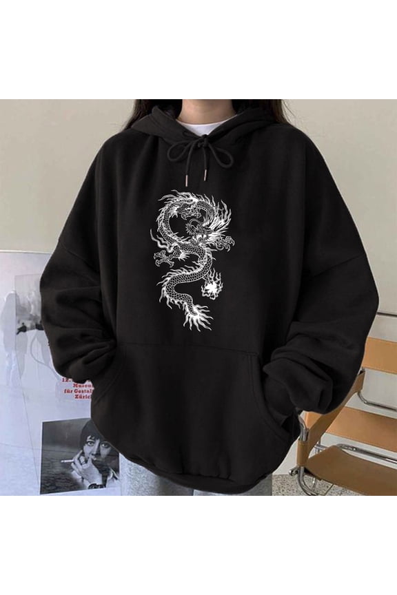 Oversized Hoodies for Women Dragon Print Sweatshirt Top Long Sleeve Casual Pullover Hooded Sweatshirt with Kangaroo Pocket