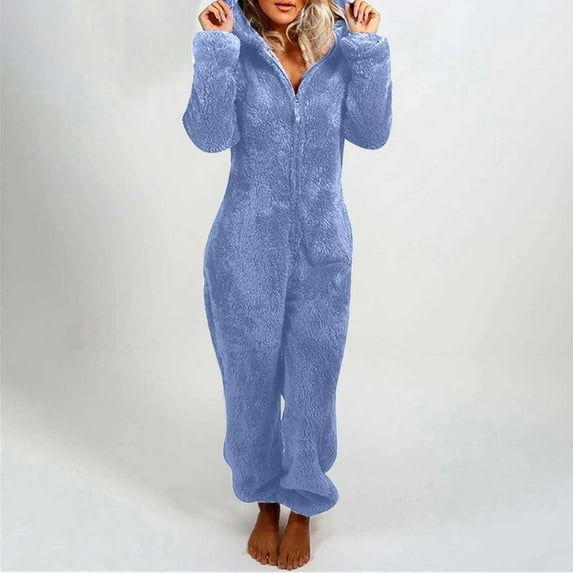 jsaierl Pajamas for Women Plus Size Winter, Women Pajamas Plush Romper Fleece Pajamas Onsies Long Sleeve Zipper Hooded One Piece Jumpsuit Loose Casual Sleepwear Nightwear Overalls