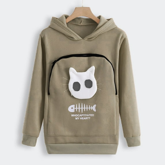 jsaierl Pet Carrier Hoodie For Women Casual Sweatshirt Animal Pouch Hood Tops Carry Cat Breathable Pullover Blouse Plus Size