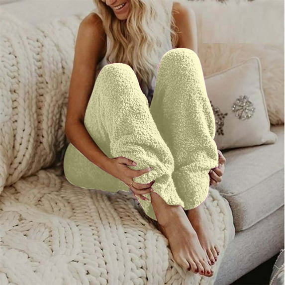 jsaierl Plush Pajama Pants for Women Cozy Fuzzy Elastic Waist Cuff Bottoms Warm Fleece Solid Color Lounge Trouser