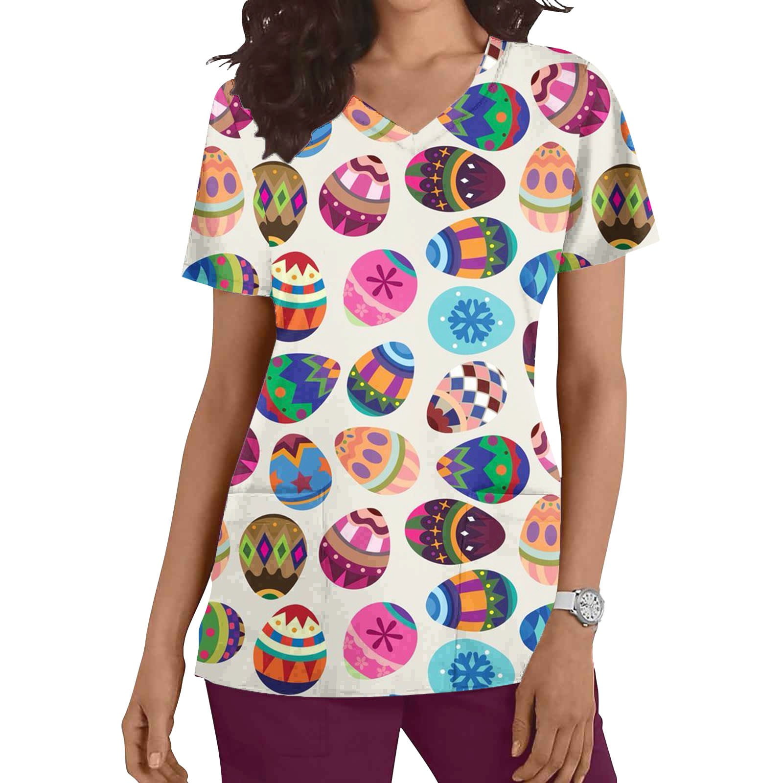 jsaierl Scrubs for Women, Easter Scrub Tops for Women Cute Rabbit Eggs