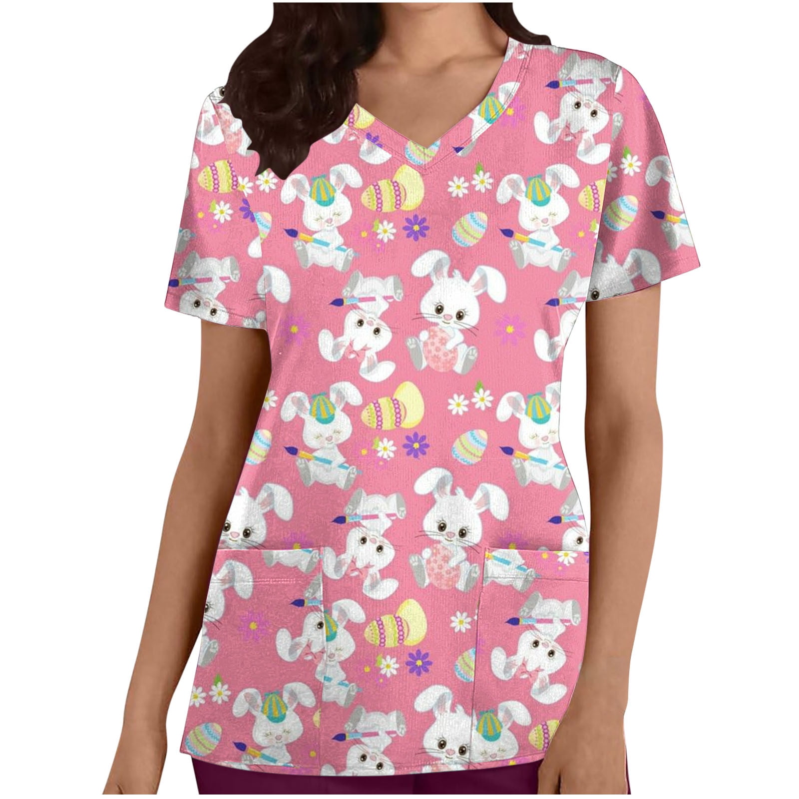 jsaierl Scrubs for Women, Easter Scrub Tops for Women Funny Rabbit Eggs