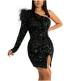 thumbnail image 1 of jsaierl Sequin Dress for Women One Shoulder Long Sleeve Bodycon Mini Dress Sexy Side Split Prom Evening Party Faux Fur Cocktail Dress Club Date Night Sparkly Dress, 1 of 9