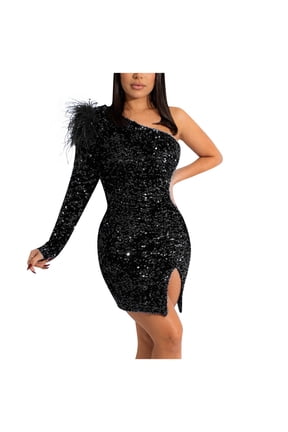 Sequin Dress for Women One Shoulder Long Sleeve Bodycon Mini Dress Sexy Side Split Prom Evening Party Faux Fur Cocktail Dress Club Date Night Sparkly Dress