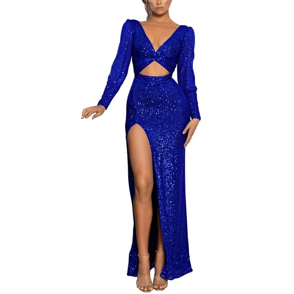 jsaierl Sequin Dress for Women Long Sleeve V-Neck Maxi Dresses Sexy Bodycon Side Split Formal Prom Dress Evening Party Club Date Night Sparkly Dress