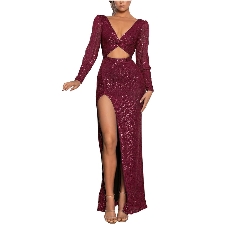 Jsaierl Sequin Dress for Women Long Sleeve V-Neck Maxi Dresses Sexy Bodycon Side Split Formal Prom Dress Evening Party Club Date Night Sparkly Dress