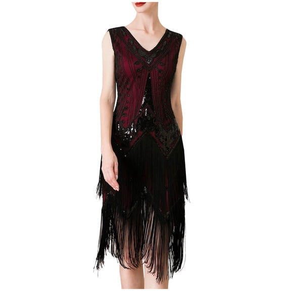 jsaierl Sequin Dress for Women Sleeveless Flapper 1920s Gatsby Fringe Dress Sexy V-Neck Prom Evening Party Midi Dress Club Cocktail Sparkly Dress