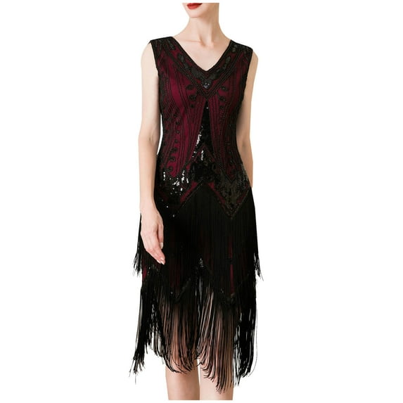 jsaierl Sequin Dress for Women Sleeveless Flapper 1920s Gatsby Fringe Dress Sexy V-Neck Prom Evening Party Midi Dress Club Cocktail Sparkly Dress