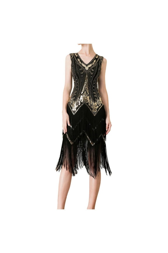 Sequin Dress for Women Sleeveless Flapper 1920s Gatsby Fringe Dress Sexy V-Neck Prom Evening Party Midi Dress Club Cocktail Sparkly Dress