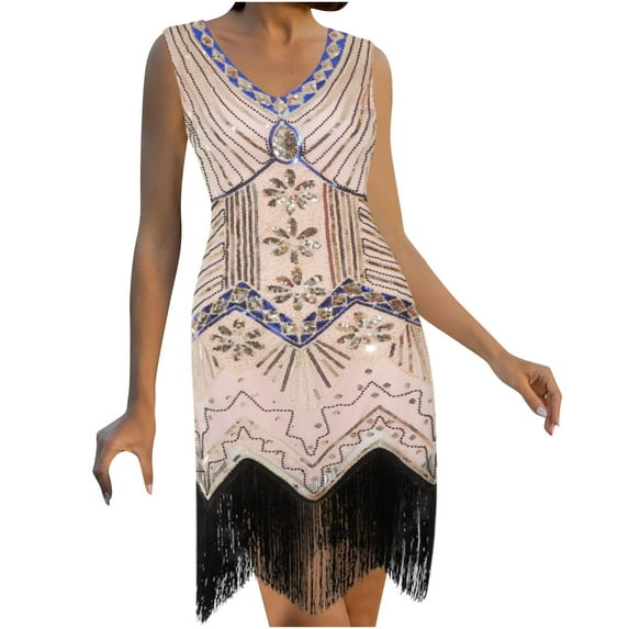 jsaierl Sequin Dress for Women Sleeveless V-Neck Midi Dress Sexy Flapper 1920s Gatsby Prom Retro Evening Party Dress Club Date Night Sparkly Dress