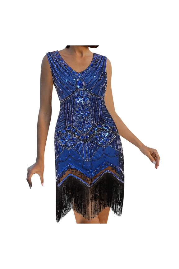 Sequin Dress for Women Sleeveless V-Neck Midi Dress Sexy Flapper 1920s Gatsby Prom Retro Evening Party Dress Club Date Night Sparkly Dress