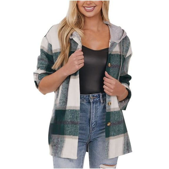 jsaierl Shacket Jacket Women Flannel Brushed Plaid Lapel Button Down Lapel Long Sleeve 2024 Fall Hooded Shirt Coats with Pockets