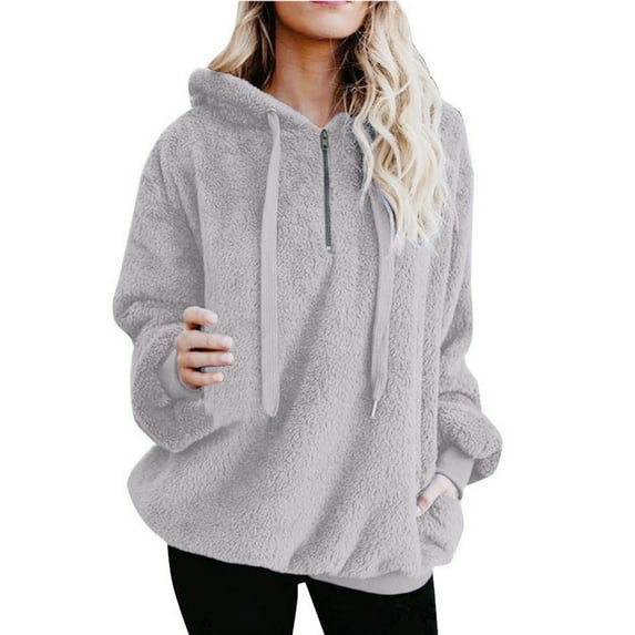 jsaierl Sherpa Hoodies for Women Quarter Zip Pullover Long Sleeve Fleece Hooded Sweatshirt Casual Winter Warm Sweater with Pocket