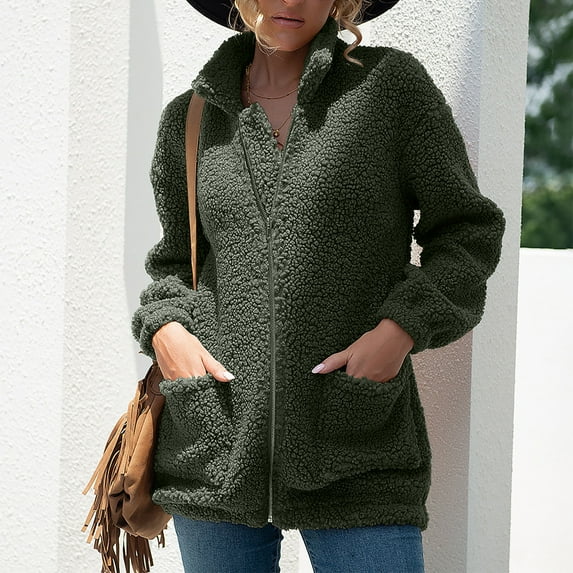 jsaierl Sherpa Jacket Women Zip Up Long Sleeve Fleece Jacket Outwear Solid Color Warm Stand Collar Fall Coat Top with Pocket
