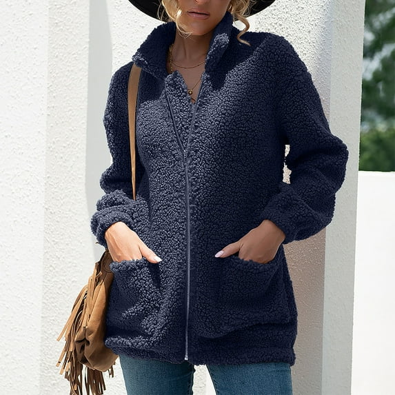 jsaierl Sherpa Jacket Women Zip Up Long Sleeve Fleece Jacket Outwear Solid Color Warm Stand Collar Fall Coat Top with Pocket
