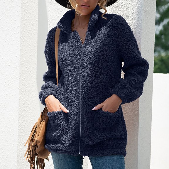 jsaierl Sherpa Jacket Women Zip Up Long Sleeve Fleece Jacket Outwear Solid Color Warm Stand Collar Fall Coat Top with Pocket