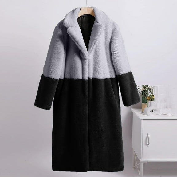 jsaierl Sherpa Jacket for Women Faux Fur Long Coat Thicken Overcoat Winter Warm Oversized Jacket Color Block Parka Outwear Cardigan