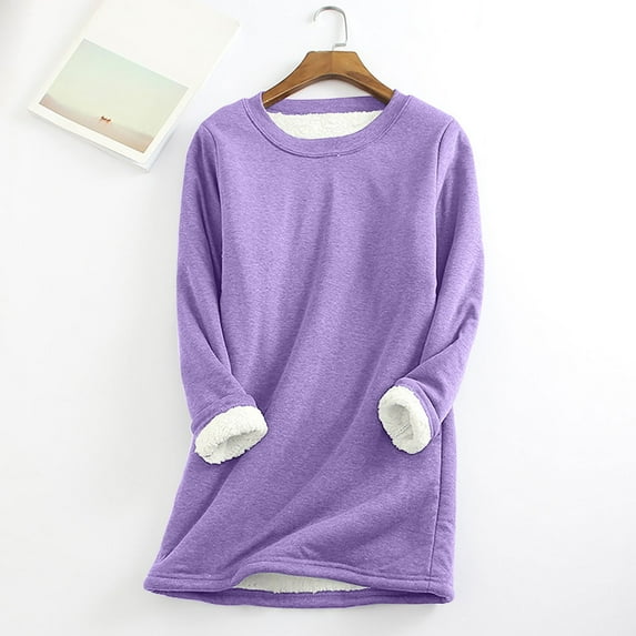 jsaierl Sherpa Lined Sweatshirts Women Fleece Round Neck Loungewear Pullover Long Sleeve Basic Tunic Top Winter Warm Underwear Top