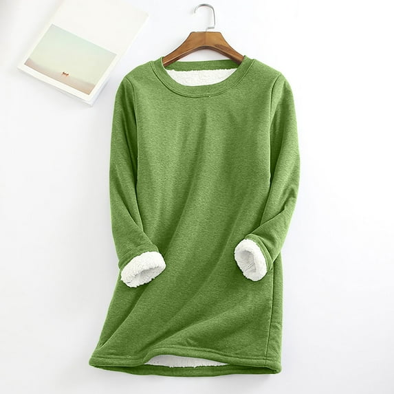 jsaierl Sherpa Lined Sweatshirts for Women Fuzzy Round Neck Loungewear Pullover Long Sleeve Casual Tunic Top Winter Thermal Underwear Top