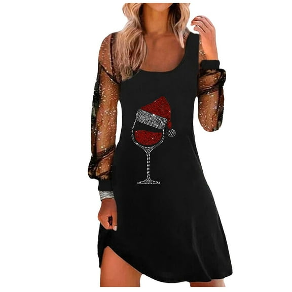 jsaierl Shirt Dresses for Women Mesh Lantern Sleeve Rhinestone Glass Print Christmas Dress Hide Belly Scoop Neck Casual Swing Mini Dress