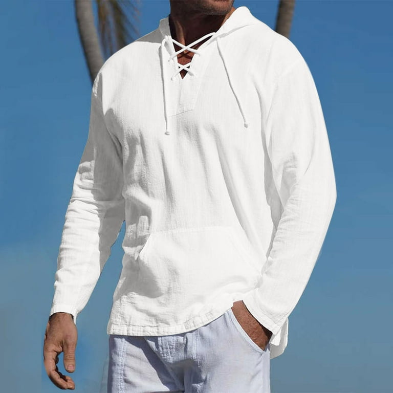 jsaierl Shirt for Men Plus Size Pullover Hoodie Baggy Cotton Linen Plain T  Shirt Lightweight Long Sleeve Hooded Shirts Tops