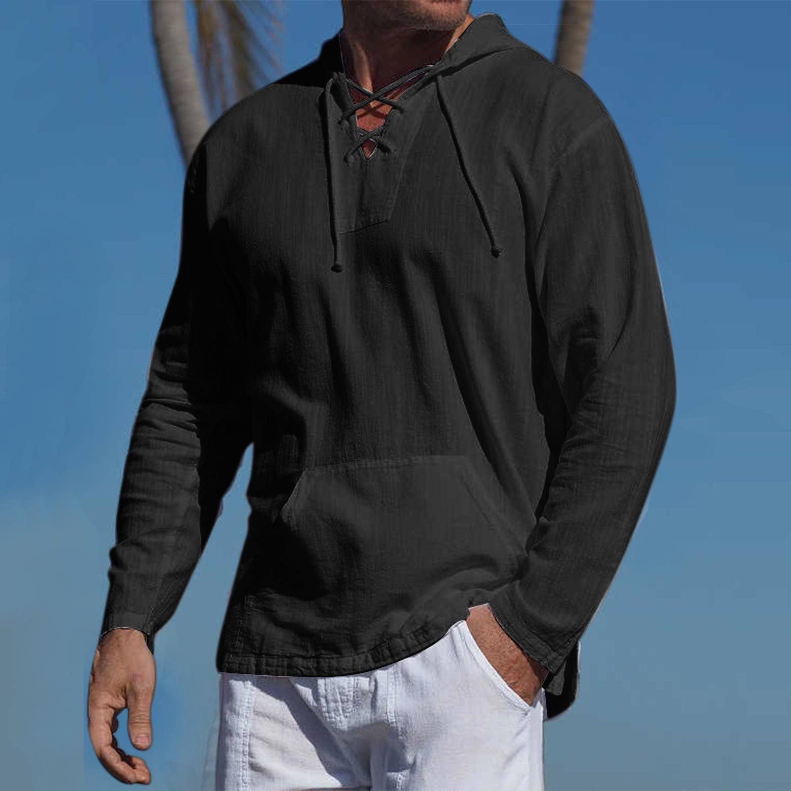 jsaierl Shirt for Men Plus Size Pullover Hoodie Baggy Cotton Linen Plain T  Shirt Lightweight Long Sleeve Hooded Shirts Tops