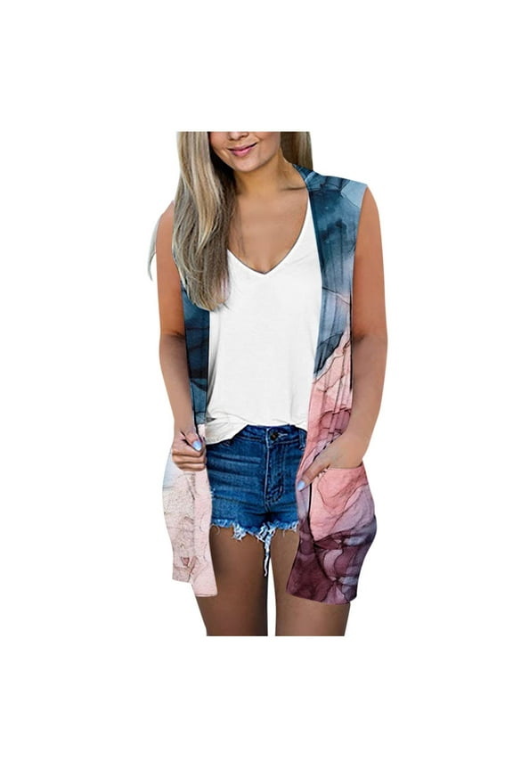 Sleeveless Cardigan Women Summer Lightweight Open Front Draped Flower Printed Duster Vest Casual