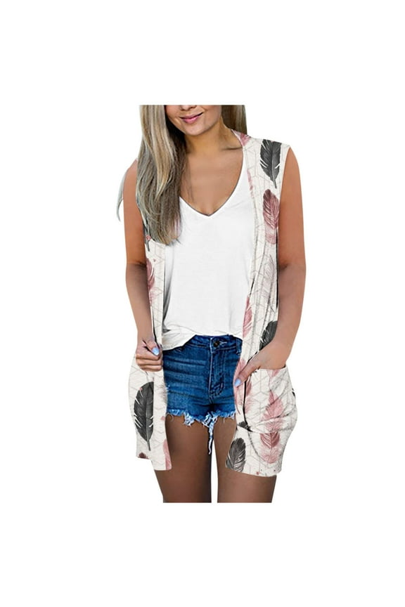 Sleeveless Cardigan Women Summer Lightweight Open Front Draped Flower Printed Duster Vest Casual