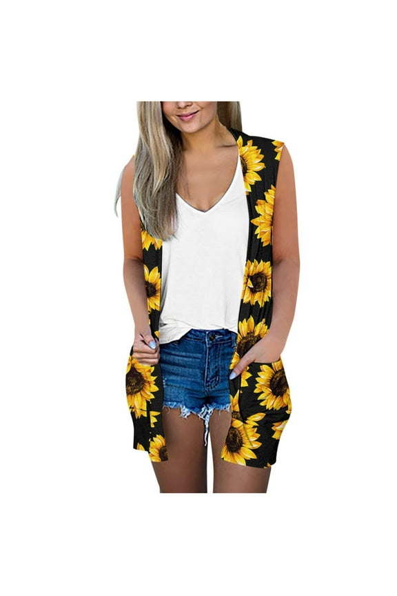 Sleeveless Cardigan Women Summer Lightweight Open Front Draped Flower Printed Duster Vest Casual