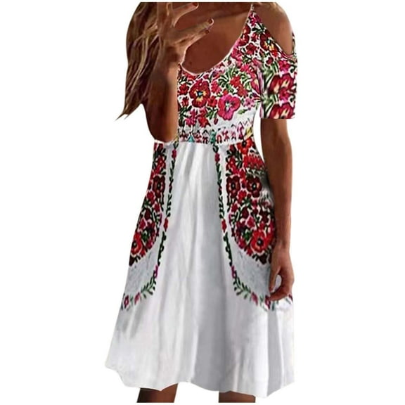 jsaierl Summer Mexican Dress Women 2025 Wedding Guest Print Dress Swing Short Sleeve Midi Dress Tunic Crew Neck Sun Dress