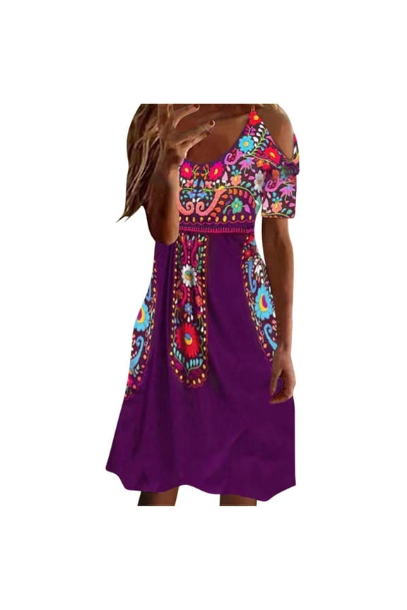 Summer Mexican Dress Women 2025 Wedding Guest Print Dress Swing Short Sleeve Midi Dress Tunic Crew Neck Sun Dress