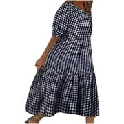 jsaierl Summer Plaid Dress Women 2024 Plus Size Puff Short Sleeeve Dress Elegant Short Sleeve Midi Dress Tiered Crew Neck Boho Dress