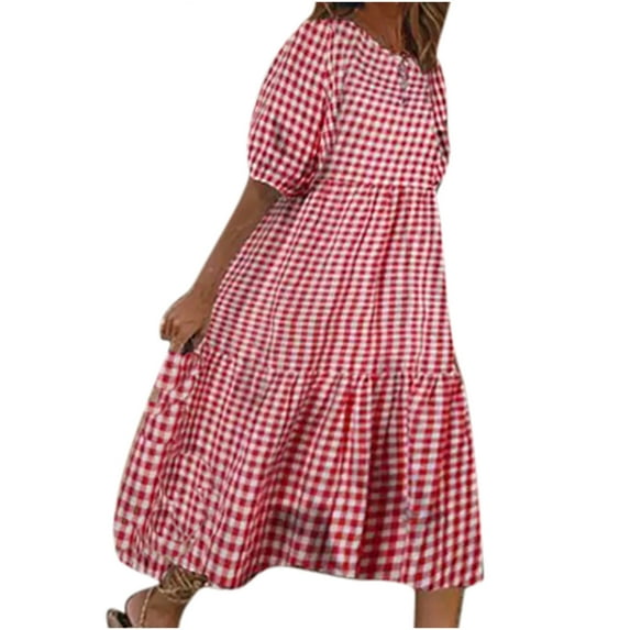 jsaierl Summer Plaid Dress Women 2024 Plus Size Puff Short Sleeeve Dress Elegant Short Sleeve Midi Dress Tiered Crew Neck Boho Dress