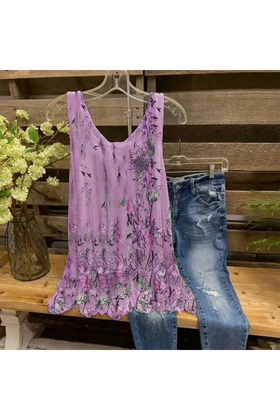 Summer Women Sexy Tank Tops Floral Print Sleeveless Casual Vest Chiffon O-Neck Loose Camisole Comfy Tunic Blouse