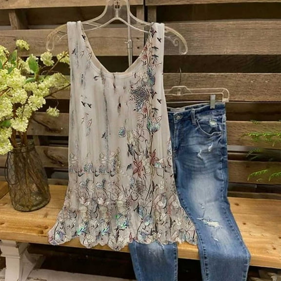 jsaierl Summer Women Sexy Tank Tops Floral Print Sleeveless Casual Vest Chiffon O-Neck Loose Camisole Comfy Tunic Blouse