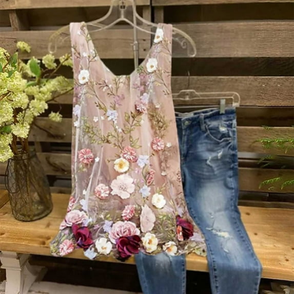 jsaierl Summer Women Sexy Tank Tops Floral Print Sleeveless Casual Vest Chiffon O-Neck Loose Camisole Comfy Tunic Blouse