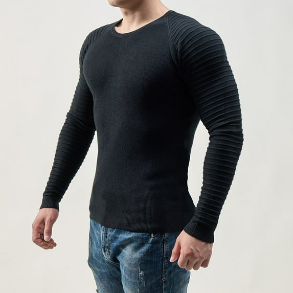jsaierl Sweaters for Men Casual Solid Crew Neck Pullover Muscle Long Sleeve Sweater Slim Fit Bottoming Knit Shirt Top