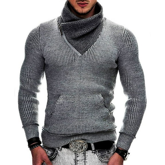 jsaierl Sweaters for Men Knit Shawl Collar Pocket Top Long Sleeve Slim Zip Fall and Winter Pullover Sweater