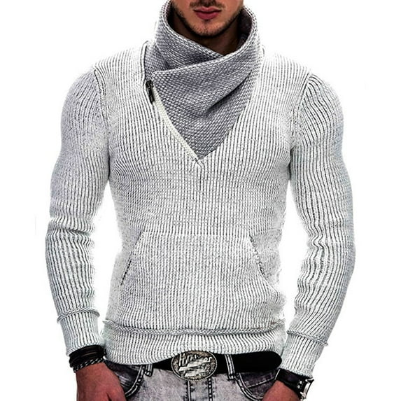 jsaierl Sweaters for Men Knit Shawl Collar Pocket Top Long Sleeve Slim Zip Fall and Winter Pullover Sweater