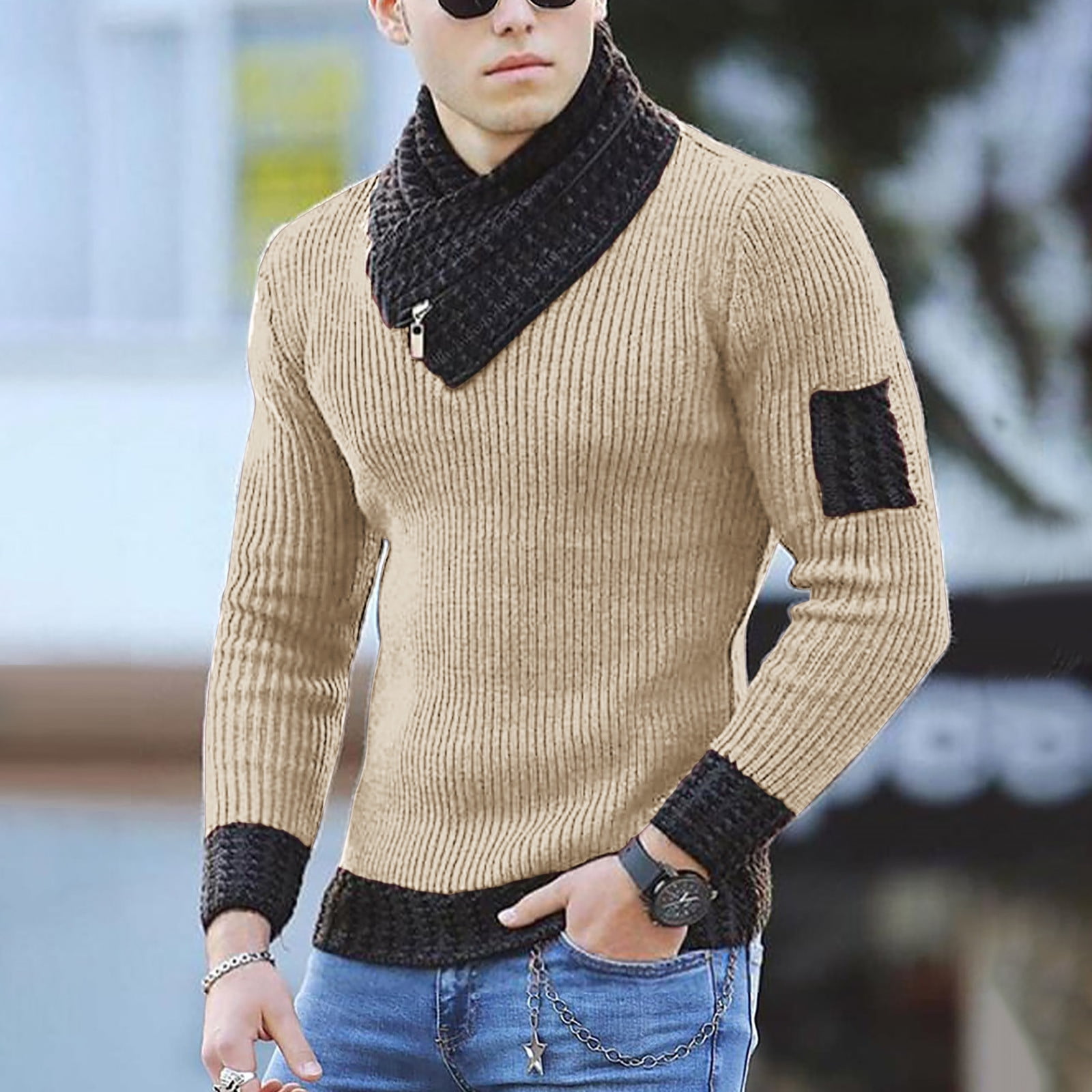 jsaierl Sweaters for Men Knit Shawl Neck Color Block Top Long