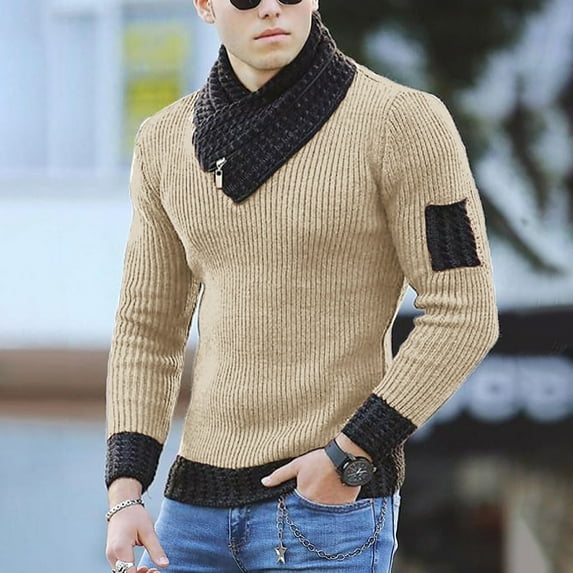 jsaierl Sweaters for Men Knit Shawl Neck Color Block Top Long Sleeve Slim Stretch Fall and Winter Pullover Sweater
