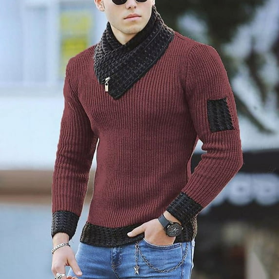 jsaierl Sweaters for Men Knit Shawl Neck Color Block Top Long Sleeve Slim Stretch Fall and Winter Pullover Sweater