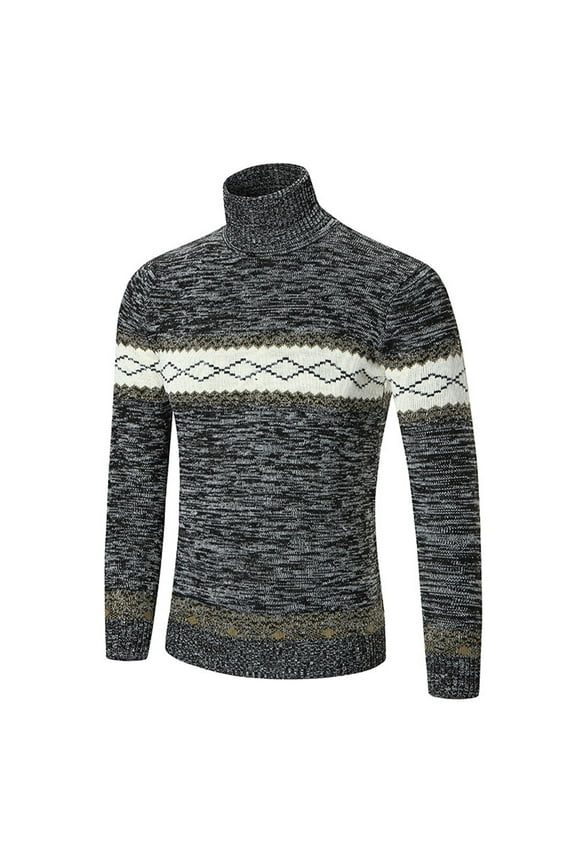 Sweaters for Men Knit Turtle Neck Striped Print Top Long Sleeve Retro Fall and Winter Pullover Sweater