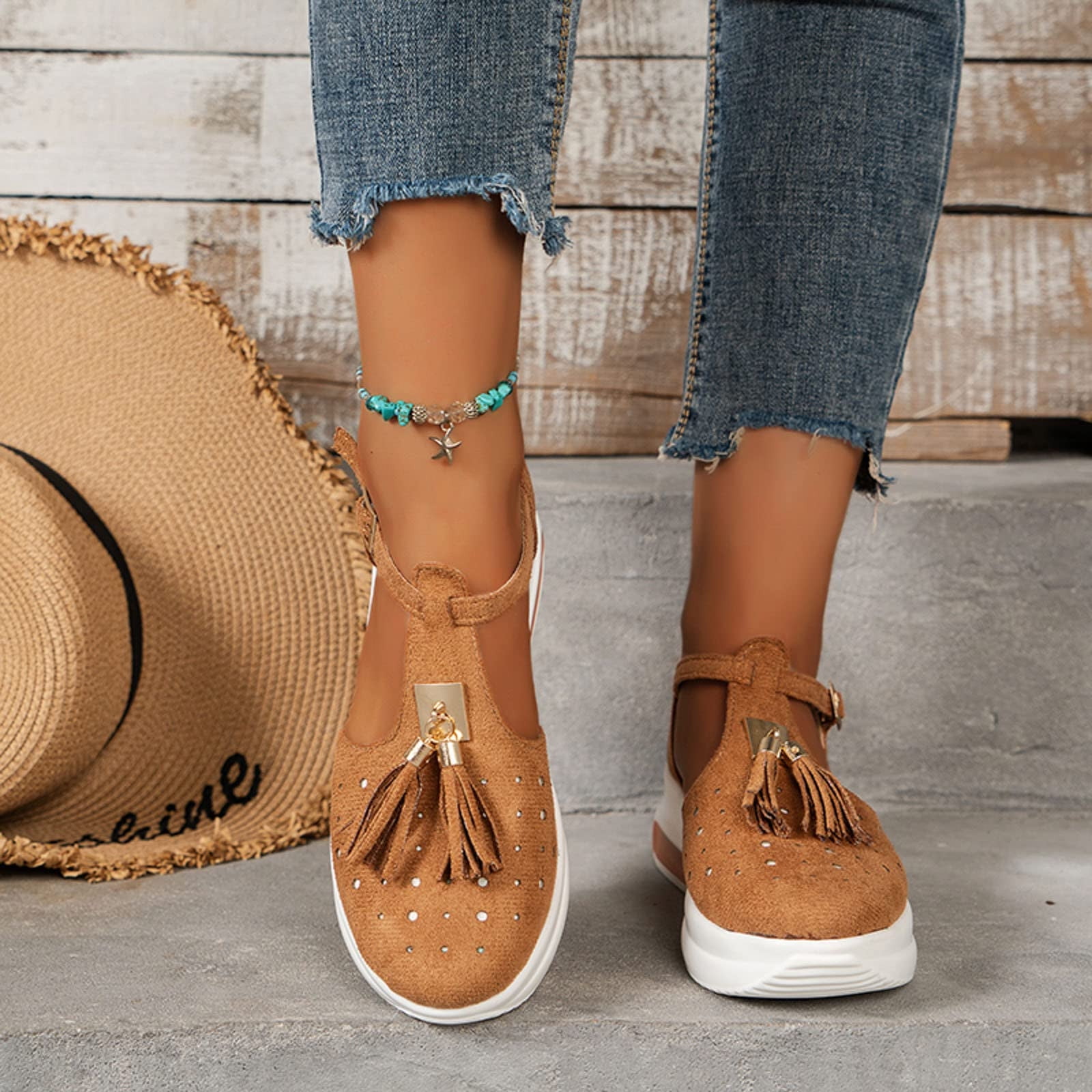 jsaierl Tassels Sandals for Women Dressy Ankle Buckle Sandals with