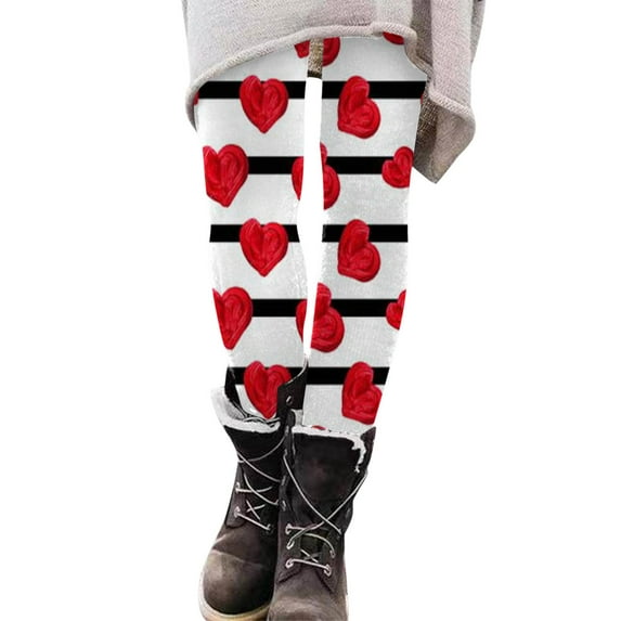 jsaierl Thick Fleece Lined Warm Leggings for Women Heart Print High Waisted Tummy Control Leggings Winter Seamless Slimming Leggings