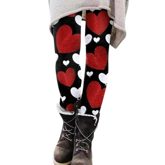 jsaierl Thick Fleece Lined Warm Leggings for Women Heart Print High Waisted Tummy Control Leggings Winter Seamless Slimming Leggings