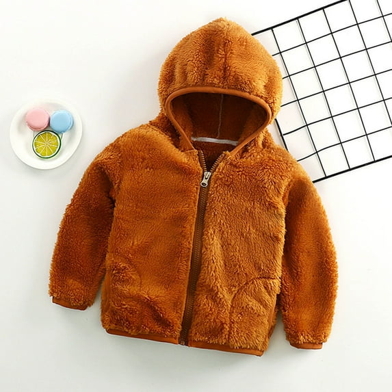 jsaierl Toddler Baby Boys Girls Solid Color Plush Cute Winter Keep Warm Hoodie Coat Jacket Kids Jackets