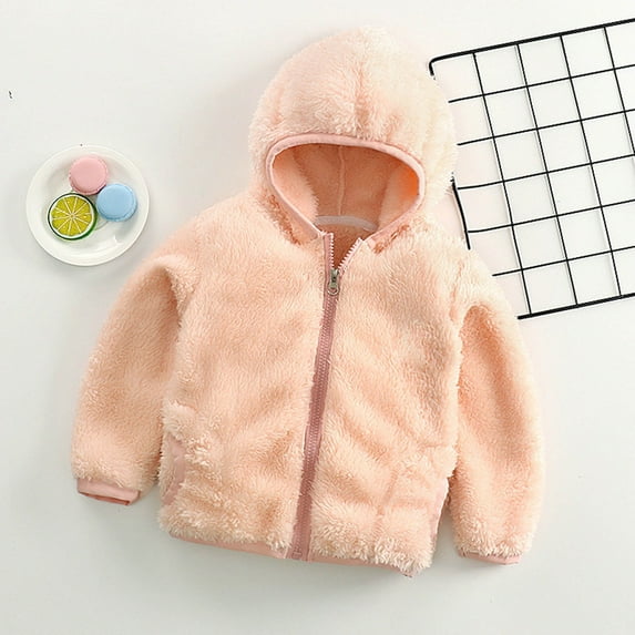jsaierl Toddler Baby Boys Girls Solid Color Plush Cute Winter Keep Warm Hoodie Coat Jacket Kids Jackets