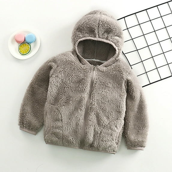 jsaierl Toddler Baby Boys Girls Solid Color Plush Cute Winter Keep Warm Hoodie Coat Jacket Kids Jackets